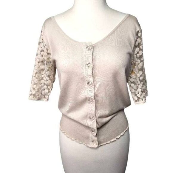 August Silk Lace Sleeve Button Front Beige|Tan Cardigan Petite Size PS - Picture 1 of 13